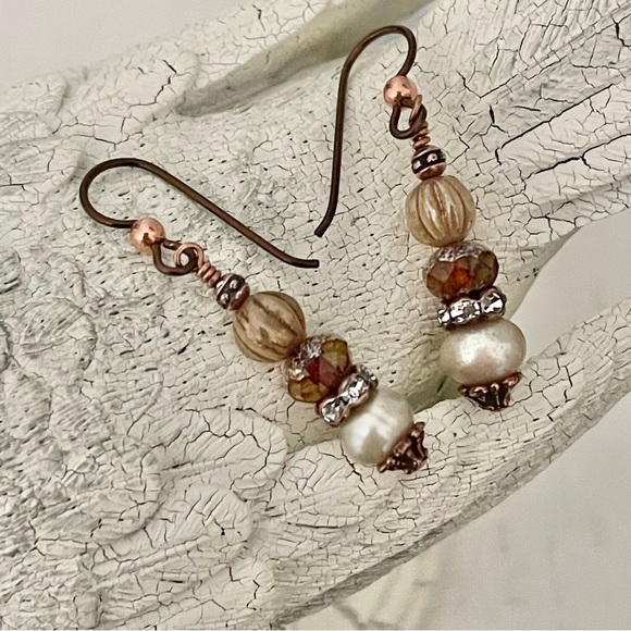 Artisan Earrings - “Creamy Cocoa and Pearls” Dangles - Picture 2 of 8